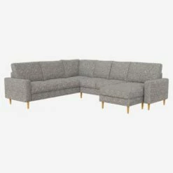 Habitat Canapé Panoramique 2 X 2 + Méridienne Gauche En Tissu Venezia - Bleu Zingué - Accoudoirs Droits - Pieds Droits En Chêne Huilé - Confort Medium