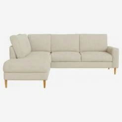 Habitat Canapé D'angle 4 Places Avec Chauffeuse Gauche / 2 Coussins En Tissu Lucca - Blanc Mastic - Accoudoirs Droits - Pieds Droits En Chêne Huilé - Confort Ferme