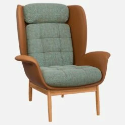 Habitat Fauteuil En Cuir Savoy Cognac Et Tissu Bellagio - Vert Lagon -meubles boutique fauteuil en cuir savoy cognac et tissu bellagio gris vert 1309865