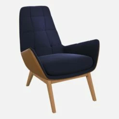 Habitat Fauteuil En Velours Bleu Encre Et Cuir Vintage - Pieds Chêne -meubles boutique fauteuil en velours bleu marine et cuir vintage pieds chene 1103637 1