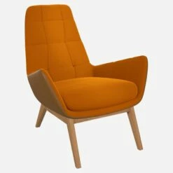 Habitat Fauteuil En Velours Jaune Moutarde Et Cuir Vintage - Pieds Chêne