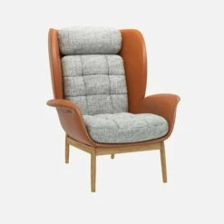 Habitat Fauteuil En Cuir Savoy Cognac Et Tissu Alba - Gris Brume -meubles boutique herve fauteuil cuir sv alba gris 10273253