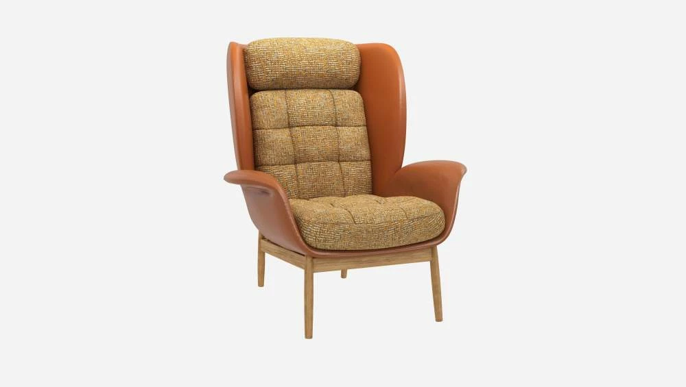 Habitat Fauteuil En Cuir Savoy Cognac Et Tissu Alba - Jaune Soleil 6 Habitat Fauteuil En Cuir Savoy Cognac Et Tissu Alba - Jaune Soleil – Image 6