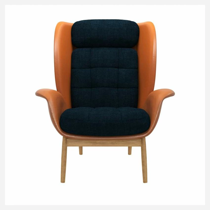 Habitat Fauteuil En Cuir Savoy Cognac Et Tissu Melina - Bleu Encre 1 Habitat Fauteuil En Cuir Savoy Cognac Et Tissu Melina - Bleu Encre