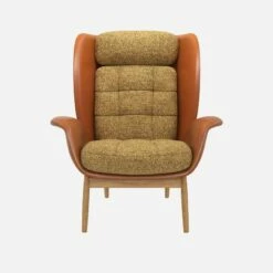 Habitat Fauteuil En Cuir Savoy Cognac Et Tissu Venezia - Jaune épice -meubles boutique herve fauteuil cuir sv ven moutarde 10273083 1