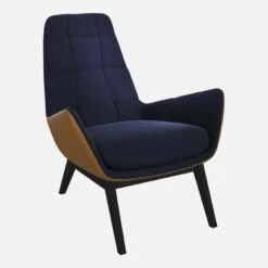Habitat Fauteuil En Velours Bleu Encre Et Cuir Vintage - Pieds Noirs -meubles boutique poltrona in velluto blu inchiostro e pelle vintage piedi neri 1103593 1