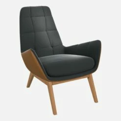 Habitat Fauteuil En Velours Gris Ardoise Et Cuir Vintage - Pieds Chêne -meubles boutique poltrona in velluto grigio ardesia e pelle vintage piedi in quercia 1103641 1